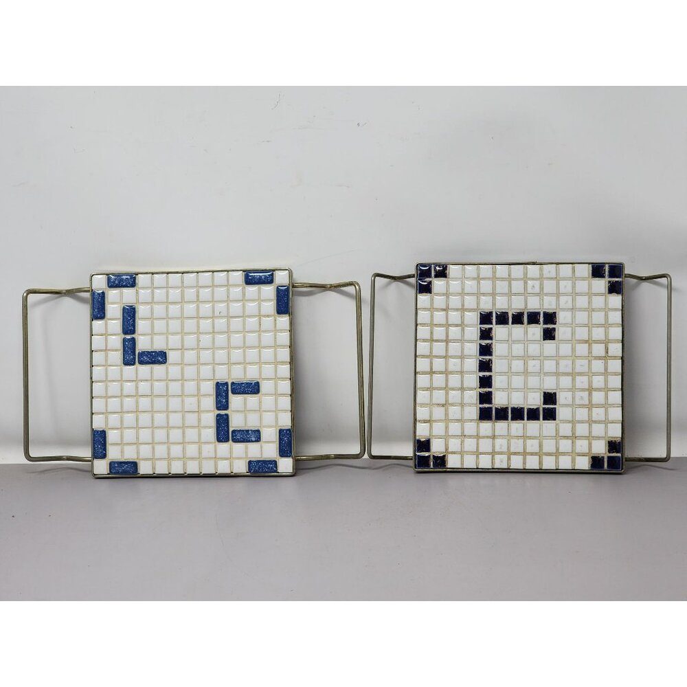 Vintage Mosaic Tile Hot‎ Plate Trivets With Brass Handles 2 White & Blue Design